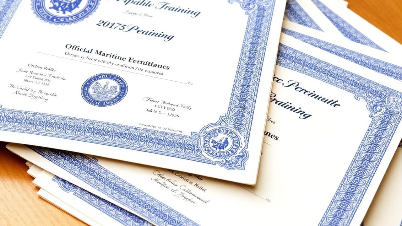 Stack of maritime training certificates