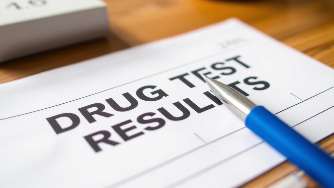 Printed drug test results form with a pen