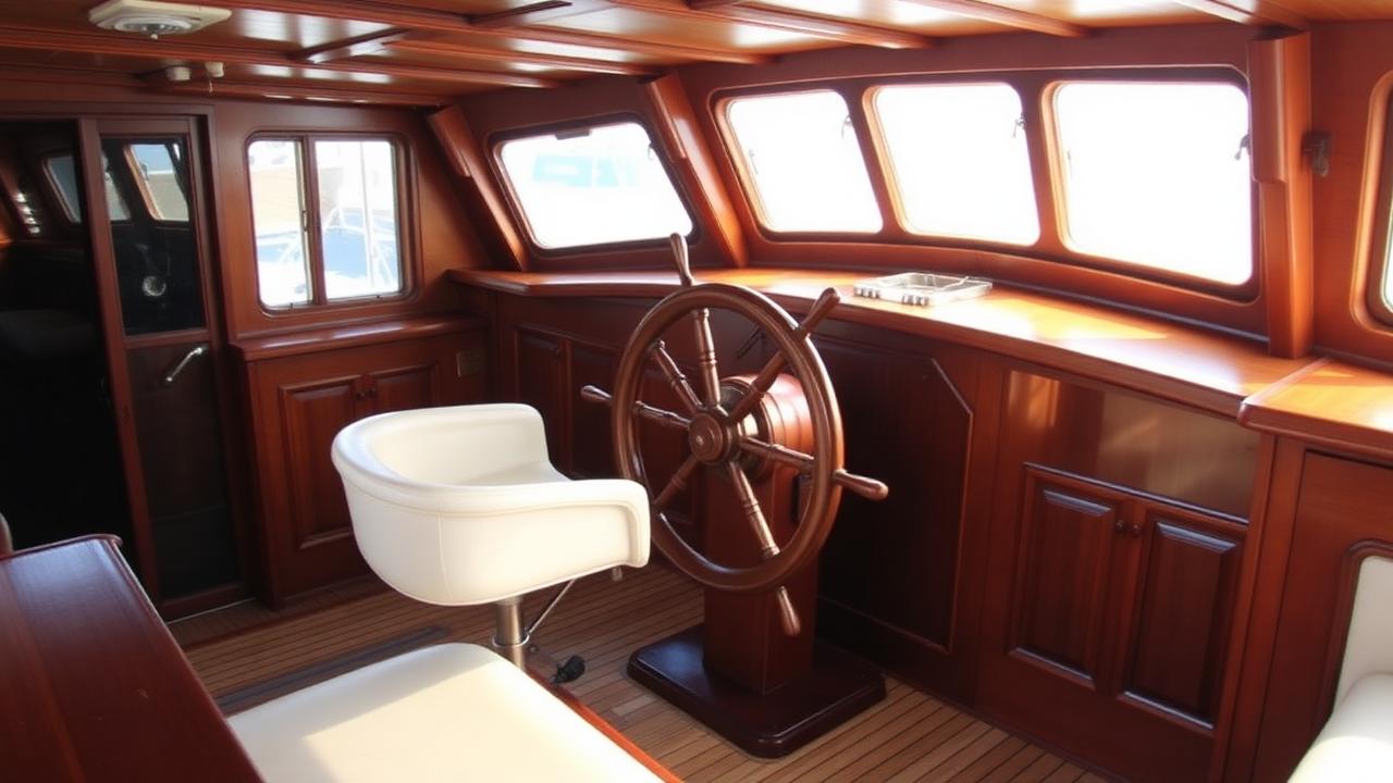 Wooden boat wheelhouse with ship's wheel
